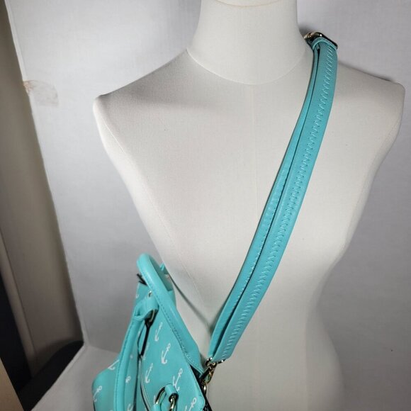 Turquoise Anchor Nautical Faux Leather Adjustable Crossbody Shoulder Handbag - Picture 6 of 11